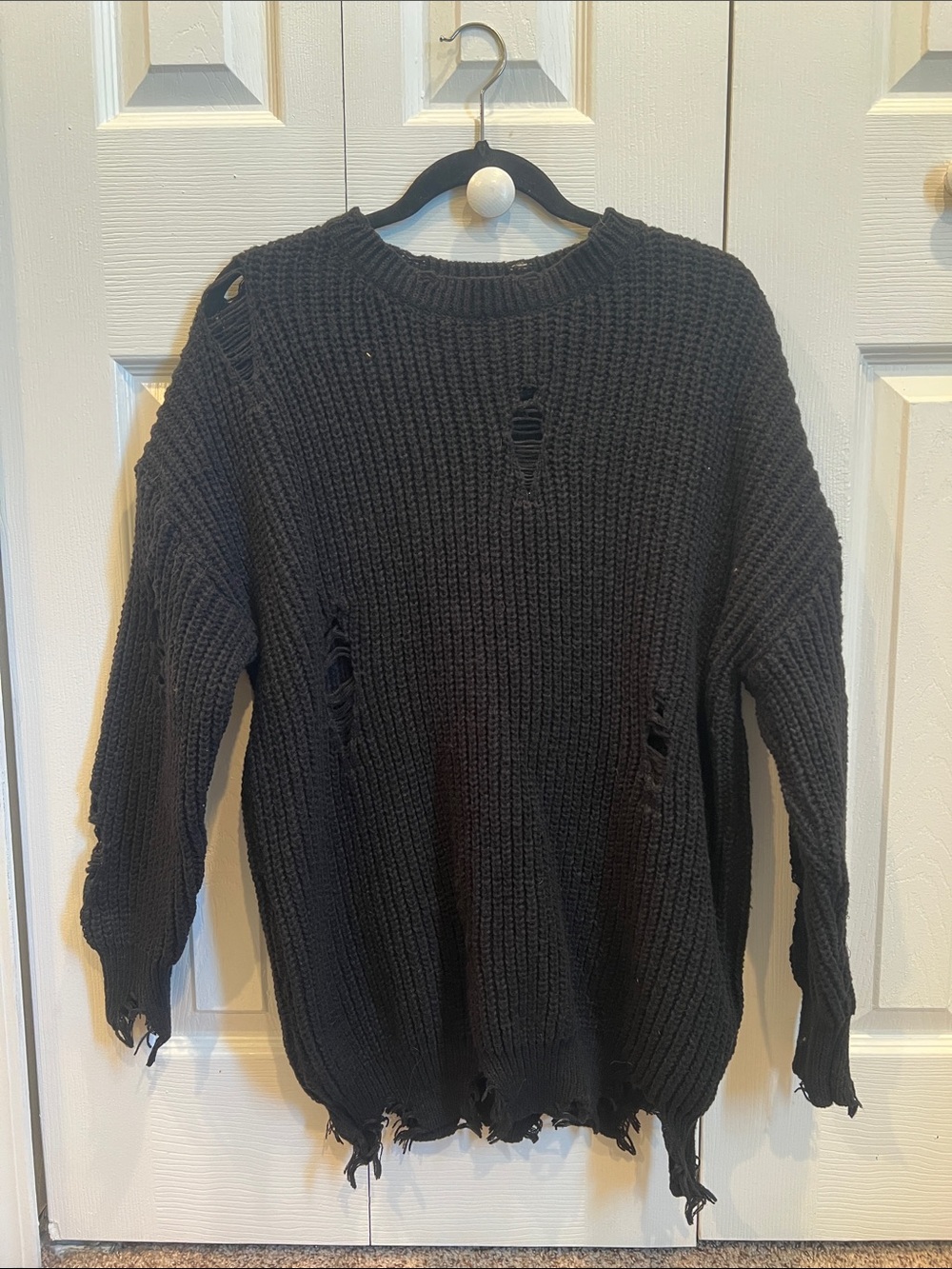 SHEIN Black Distressed Chunky Crewneck Sweater